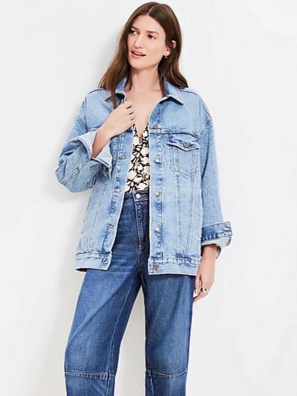 LOFT Oversized Denim Trucker Jacket Blue Petite Small